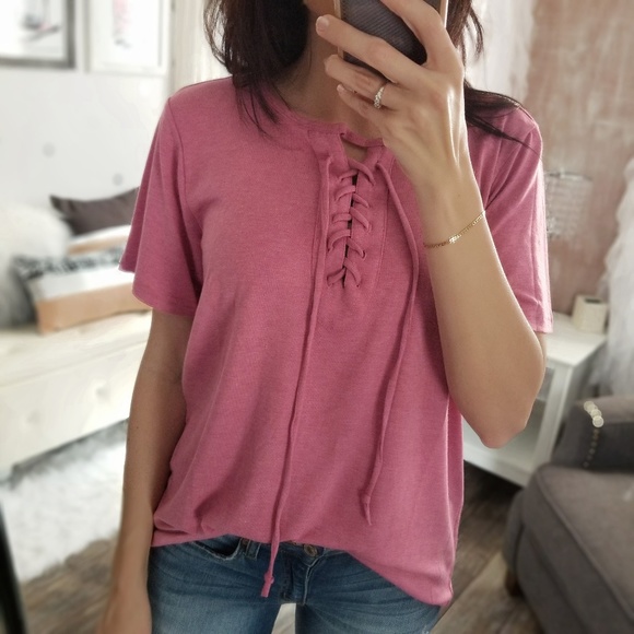 S🅾️LD OUT Raspberry Pink Lace Up Top Spring Tees - Picture 3 of 5